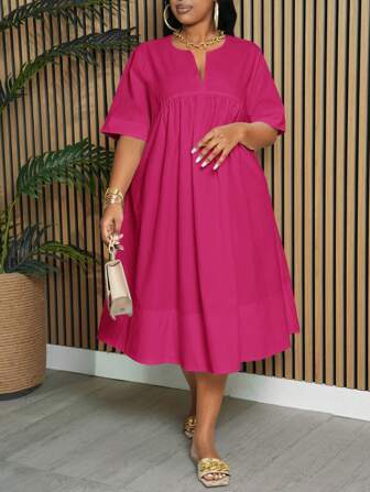 Slaydiva 大码优雅、通勤、度假、日常宽松纯白色短袖缺口领 A 字形及膝连衣裙，适合女士，春夏季