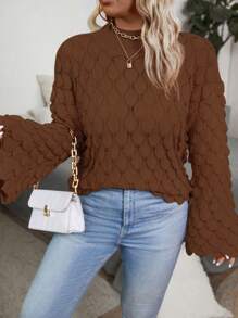 Franclia Textured Floral Pattern Plus Size Crew Neck Long Sleeve Sweater