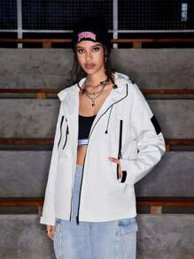 SHEIN Sports Regular Women's Sports Hooded Jacket With Zipper Pocketswinter Women Tops - White - View 6