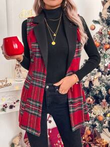 EMERY ROSE Christmas Women's Casual Red Plaid Cinched Waist Vest Jacket (Random Flower) - Multicolor - View 4