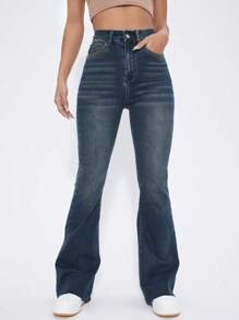 SHEIN EZwear Washed Denim Blue High Waist Flare Leg Jeans