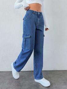 RueChic Women's Casual Streetwear Style Flap Pocket Loose Fit Denim Cargo Pants