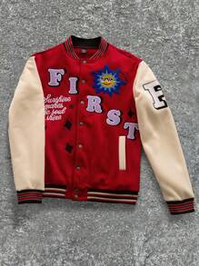 Manfinity Streetrush Men's Solid Color Patchwork Front Button Long Sleeve Letter Baseball Jacket