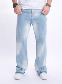 Chillumni 男士休闲口袋简约成熟街头风格牛仔裤，日常穿着，纯色长款水洗直筒浅蓝色工装牛仔裤，适合丈夫、男朋友的礼物 - 淺色水洗藍 - 查看 7