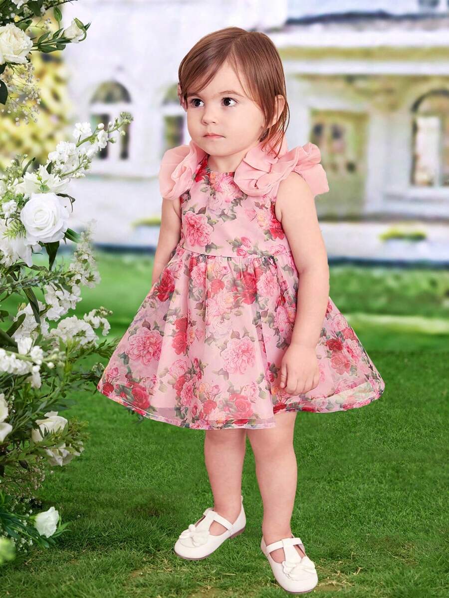 SHEIN Váy Organza chắp vá in hoa dễ thương cho bé gái có nơ và viền xù có thể tháo rời, không tay, thích hợp cho mùa hè - Hồng - Xem 1