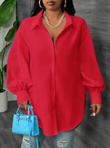 Slaydiva 宽松纯色白色灯笼袖女式长衬衫，弧形下摆，适合办公室、休闲、派对和日常穿着，加大码，春秋季 - 紅色 - 查看 6