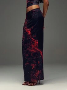 SHEIN Unity Black & Red Ink Painting Style High Waist A-Line Maxi Skirt With Back Slit - Multicolor - View 4