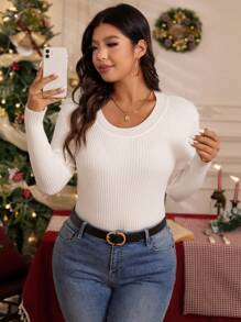 SHEIN LUNE Suéter de cuello redondo de manga larga, de punto, de unicolor, informal, para otoño e invierno, talla grande - Blanco - Ver 7