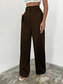 EURMUSE Quần ống rộng lưng cao bằng cotton trơn - Màu nâu Sô-cô-la - Xem 1
