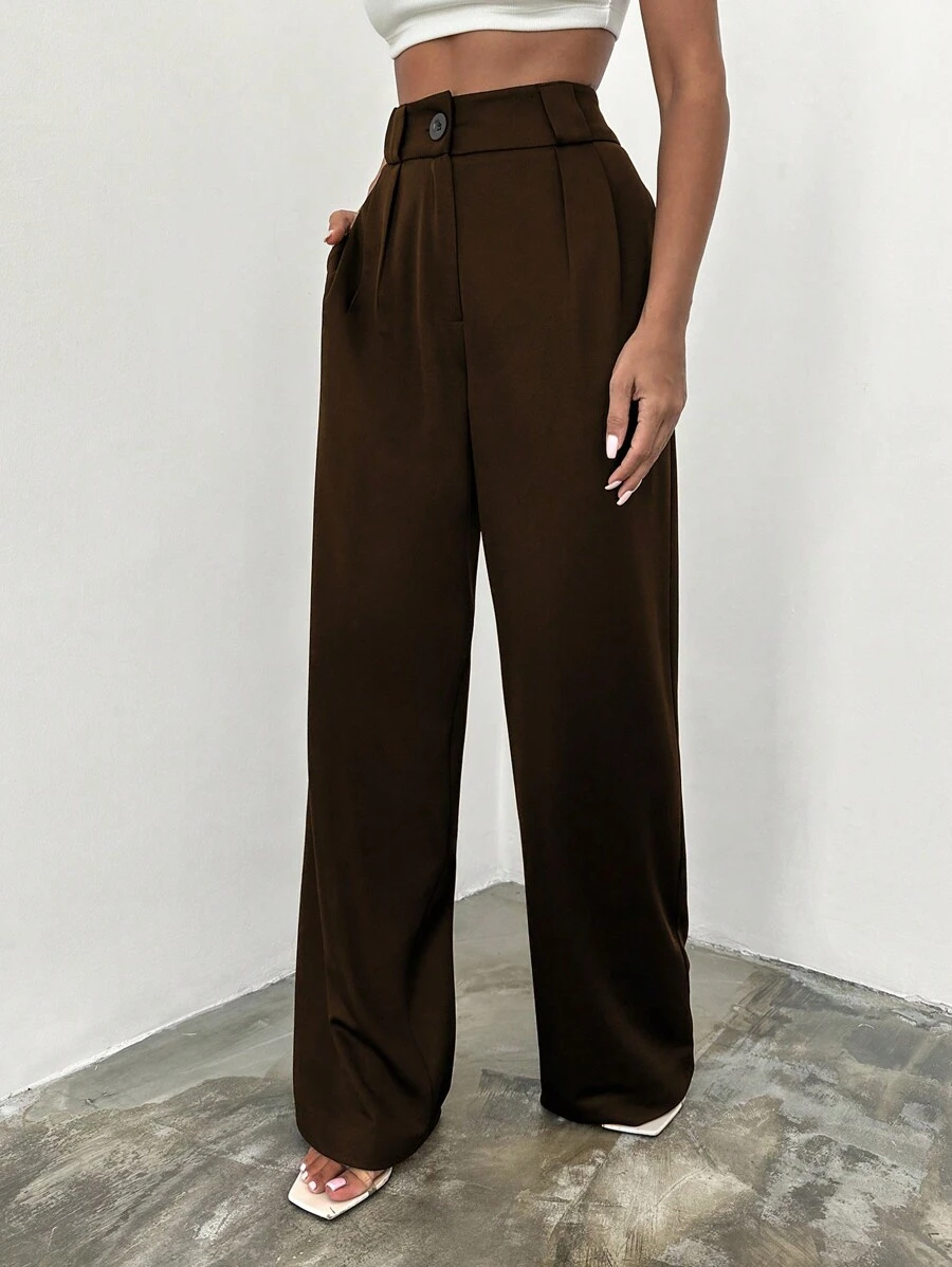 EURMUSE Quần ống rộng lưng cao bằng cotton trơn - Màu nâu Sô-cô-la - Xem 1