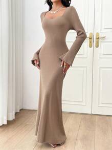 Modelyn Damen elegantes Sweater-Kleid mit Unifarben Rundhalsausschnitt, Glockenärmeln, Wellensaum und Fishtail-Saum - Braun - Übersicht 2