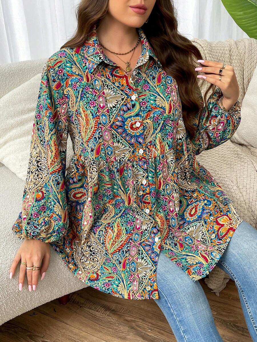 SHEIN LUNE Áo cánh tay đèn lồng in họa tiết Paisley cỡ lớn, giản dị, mùa thu - Nhiều màu - Xem 1