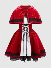 ROMWE 2pcs Women's Cloak Dress Set, Cosplay Costume Outfit - Burgundy - View 7