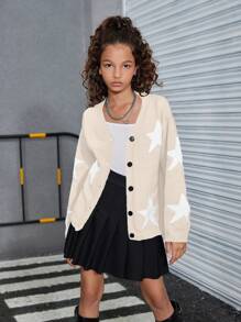 SHEIN Tween Girls' Casual Five-Pointed Star Pattern Drop Shoulder Long Sleeve Cardigan For Fall/Winter - Khaki - View 4
