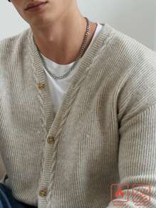 Manfinity Hypemode Cardigan casual de manga larga de un solo pecho con bolsillo de unicolor con cuello en V para hombre, otoño e invierno