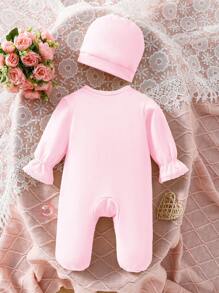 SHEIN Newborn Infant Girls' Light Pink Long Sleeve Ruffled Hat & Romper Casual Loungewear Set - Baby Pink - View 2