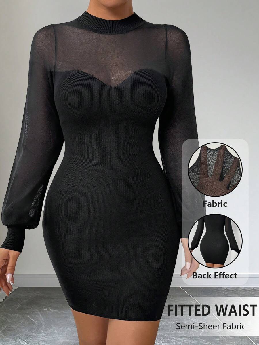 Chiquease Women's Solid Color Round Neck Long Sleeve Slim Elegant Sweater Dress, Spring & Autumn Fall Cloth For Women - Black - View 1