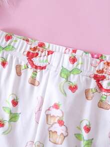 Strawberry Shortcake X SHEIN Young Girl 2pcs Cartoon Print Casual Tee And Leggings Snug Fit Pajamas Set, For Christmas - Multicolor - View 5