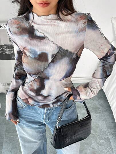 Siren Gaze Women Casual Ink Dye Print Lettuce Trim Long Sleeve T-Shirt, Women Costume,Winter Clothes