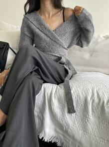 DAZY Women's Casual Solid Color Drop Shoulder Loose Hooded Cardigan With Drawstring Waist,Fall Clothes - Grey - View 2