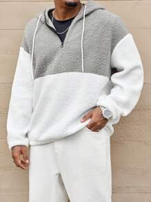 Manfinity CasualCool Plus Size Men's Contrast Color Fluffy Drop Shoulder Loose Drawstring Hooded Sweatshirt, Casual For Autumn/Winter