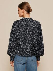 Chiquease 女士圆点印花前系带长袖休闲衬衫 - 黑色 - 查看 2