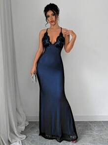 Rafferiza Spaghetti Strap V-Neck Lace Splice Criss-Cross Back Net Fishtail Bodycon Dress For Women Maxi Women Outfit