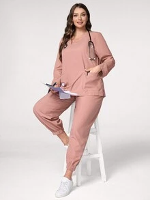 SHEIN TaskFit Bộ đồng phục quần dài tay màu trơn cỡ lớn - Hồng - Xem 6