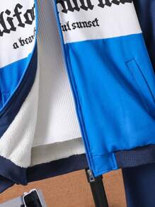 2 件套青少年男孩字母印花对比保暖内衬连帽衫和黑色裤子运动装，适合日常穿着 - 彩色 - 查看 5