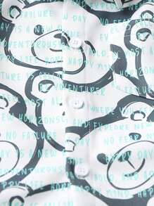 SHEIN 2 件套男婴/女婴可爱熊印花长袖衬衫和松紧腰绿色裤子套装，秋冬 - 彩色 - 查看 6