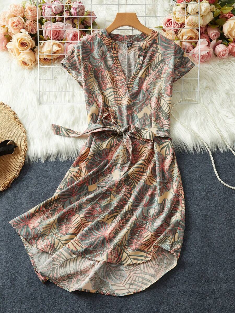 SHEIN VCAY 大码蝙蝠袖系腰连衣裙 - 黃色 - 查看 1