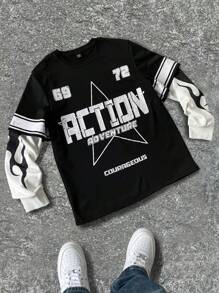 PAVTROS Moletom masculino de cor sólida com patchwork, manga longa, estampa de letras, casual, para sair, uso na rua, gola redonda, gráfico, bloco de cores, para amigos, marido, presentes para namorado - Preto e Branco - Ver 1