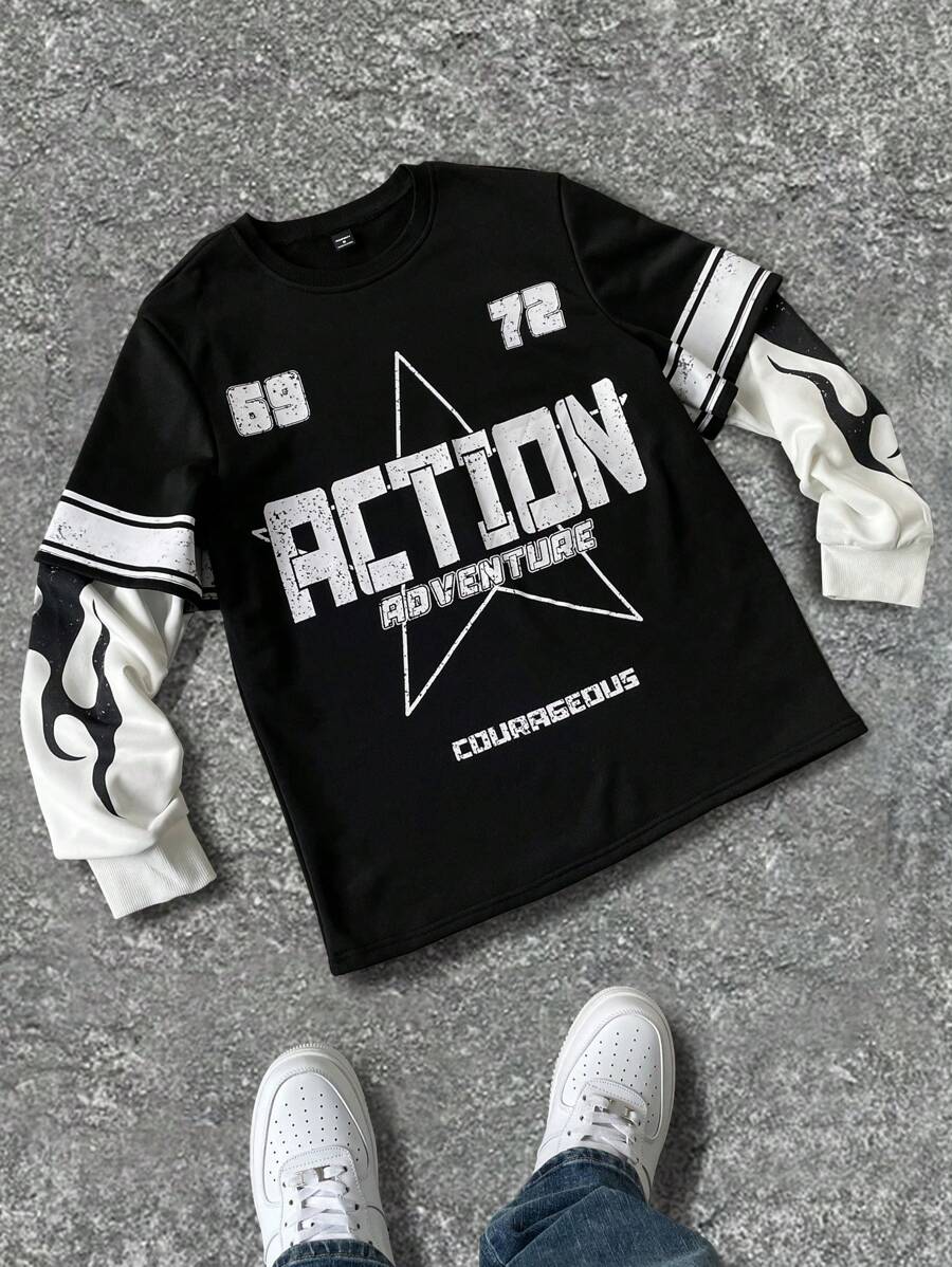 PAVTROS Moletom masculino de cor sólida com patchwork, manga longa, estampa de letras, casual, para sair, uso na rua, gola redonda, gráfico, bloco de cores, para amigos, marido, presentes para namorado - Preto e Branco - Ver 1