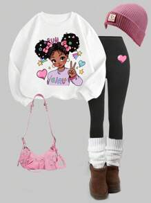 SHEIN Leap Crew 少女休闲可爱卡通印花白色长袖套头卫衣和黑色打底裤两件套，适合秋冬季穿着 - 彩色 - 查看 1