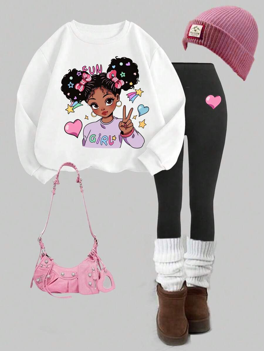 SHEIN Leap Crew 少女休闲可爱卡通印花白色长袖套头卫衣和黑色打底裤两件套，适合秋冬季穿着 - 彩色 - 查看 1