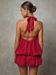SHEIN BAE Women's Wine Red Summer Elegant Night Out Chiffon Gathered Backless Balloon Bud Skirt Culottes Halter Neck Fashion Mini Dress Cocktail Party - Apricot - View 2
