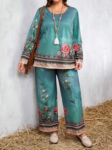 2pcs Plus Size Women Holiday Floral Print Loose Blouse And Wide-Leg Pants Set