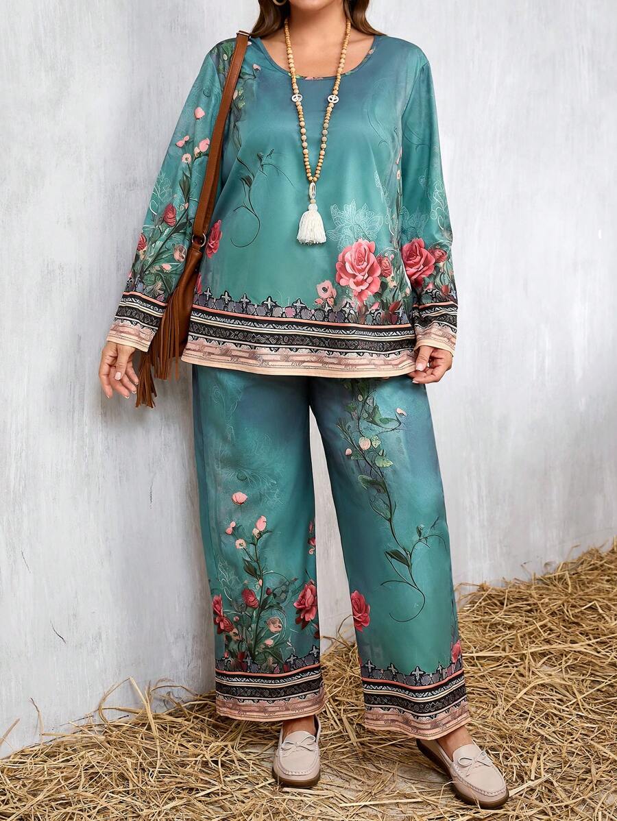 2pcs Plus Size Women Holiday Floral Print Loose Blouse And Wide-Leg Pants Set