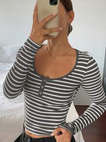 DAZY Áo thun ngắn tay dài cổ tròn in họa tiết sọc thường ngày cho nữ Y2k - Xám - Xem 5