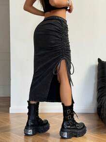 SHEIN EZwear 女士秋冬 Y2K 基本款牛仔弹力水洗 Grunge 裙子 - 黑色 - 查看 2