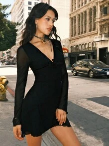 Easelle V-Neck Mesh A-Line Mini Dress For Women - Black - View 1