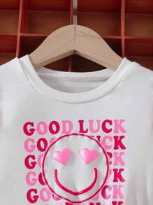 SHEIN Váy lưới thêu hình mặt trăng và ngôi sao thanh lịch cho bé gái dài tay, họa tiết chữ và mặt cười, thích hợp mặc hàng ngày, dự tiệc, thu đông - Màu Hồng Tươi - Xem 3