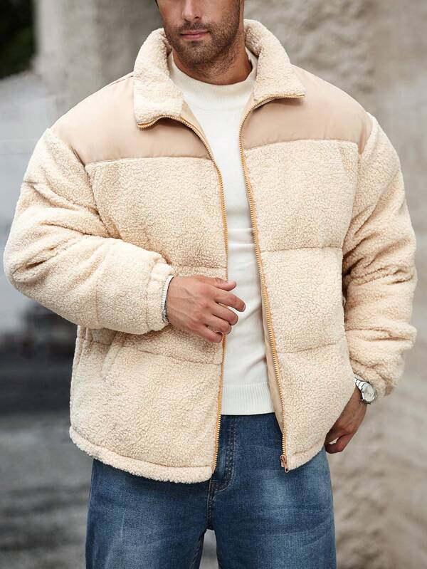 Manfinity Homme Plus Size Men Sherpa Patchwork Padded Coat, Going Out Khaki Color Block Quilted Winter Coat, For Friends, Husband, Boyfriend Gifts