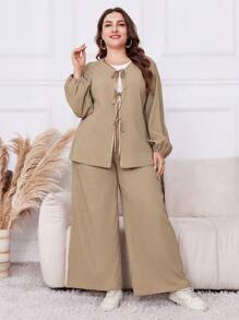 Mulvari 2 件套纯色系带长袖简约上衣和裤子套装，适合大码 2 件套
