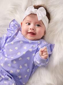 SHEIN 新生女婴紫色圆点荷叶边长袖上衣和裤子 2 件套，秋冬 - 紫色 - 查看 6