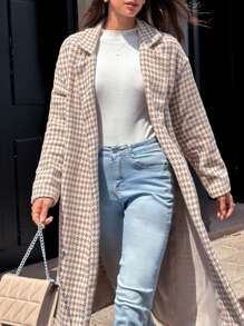 Chiquease Women's Houndstooth Stand Collar Mid-Length Double Breasted Casual Overcoat Thermal Fall Cloth For Women