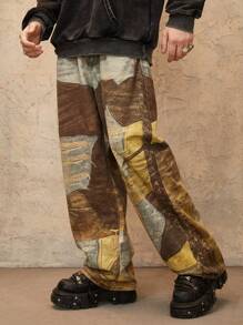 ROMWE MEN Grunge Punk Men's Contrast Color Loose Wide Leg Casual Jeans - Coffee Brown - View 4