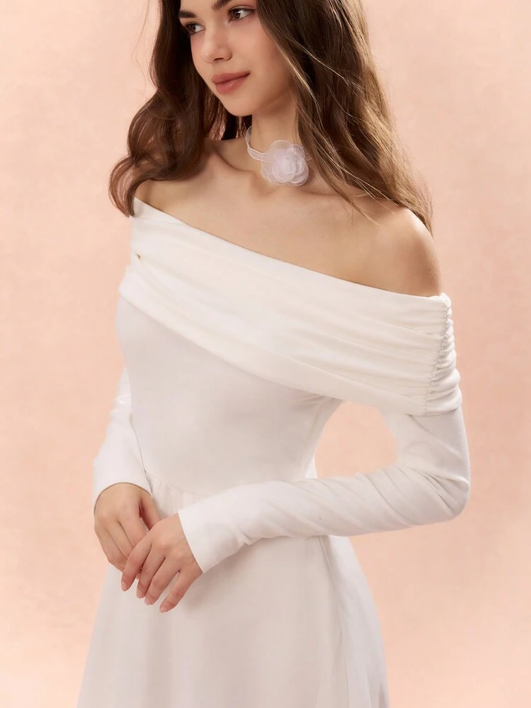 Women's Needle-Woven Spliced ​​One-Shoulder Long-Sleeved Simple Waist-Cinching Bubble A-Hem Long Casual Dress,Fall Women Clothes,Winter Women Clothes,