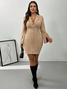 SHEIN Privé Elegant Großgrößen Büro-/Ausgeh-Cardigan mit Kerbekragen, reißverschluss, figurbetonter Passform, kurze lange Ärmel mit Glockenmanschetten, Schlitz, Velours Mini-Kleid für Sexy Dates - Khaki - Übersicht 6
