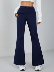 SHEIN PETITE Women Solid Flare Skinny Pants Fold Over Leggings Stretch Bootcut Flared Yoga Pants Y2k Joggers